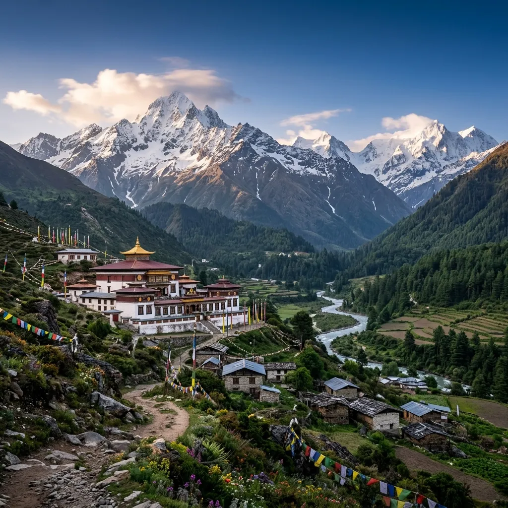 Arunachal Pradesh monastery with snow-capped mountains